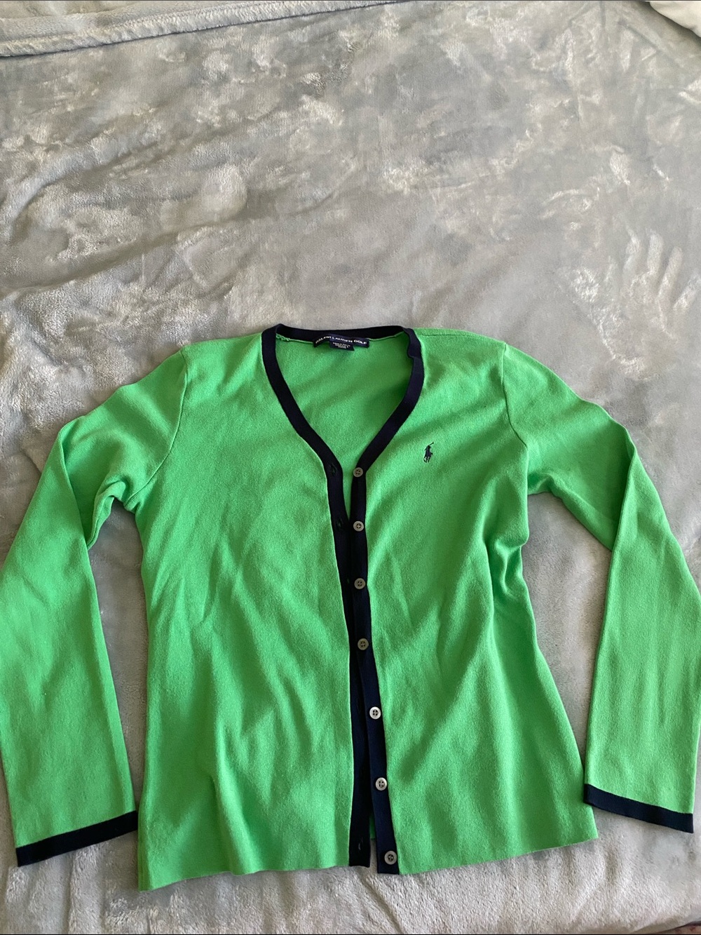 Ralph Lauren Lime Green V‑Neck Cardigan with Navy Trim